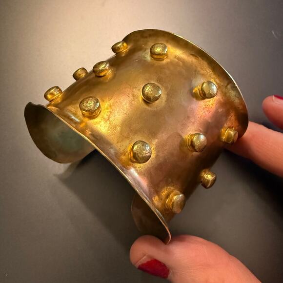 Artisan Hammered Brass Studded Wide Cuff Bracelet - Picture 6 of 7